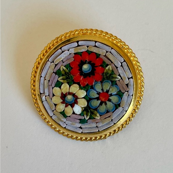 Vintage Italian Micro Mosaic Round Pin Floral Motif - Picture 6 of 6
